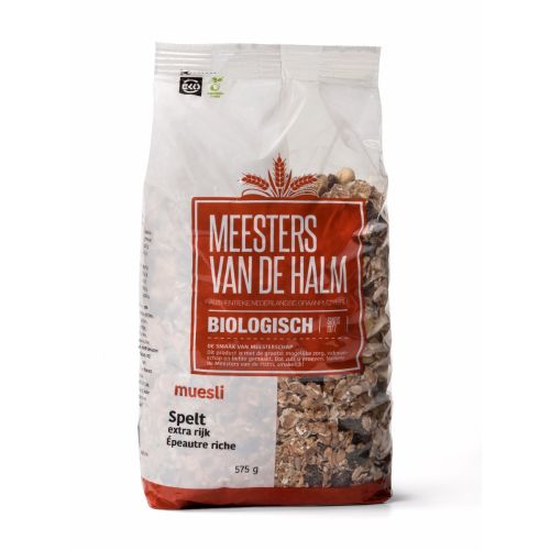 Biologische spelt muesli extra rijk van Meesters van de Halm Biologische spelt muesli extra rijk van Meesters van de Halm